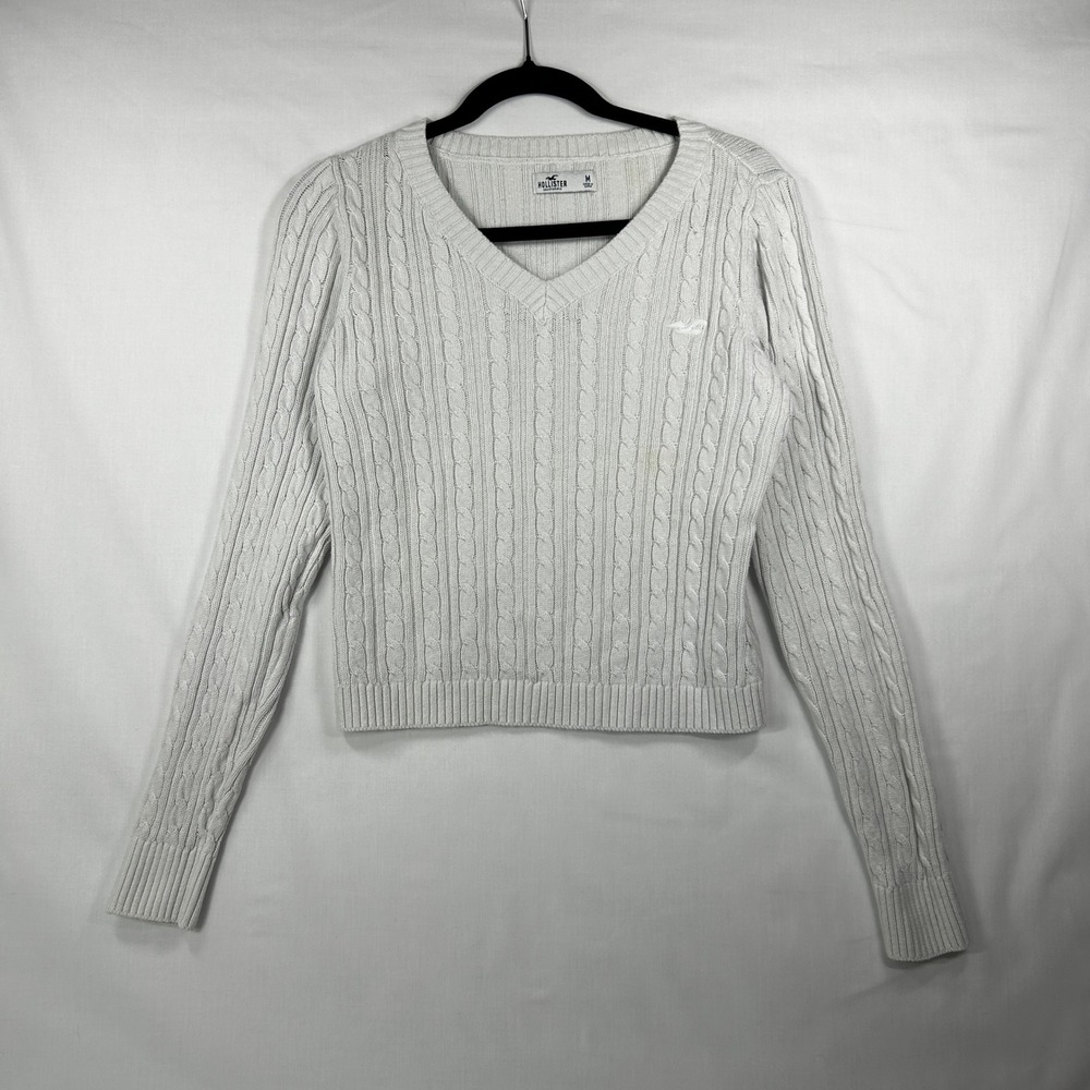 Hollister V-Neck Cable Knit Sweater Medium White Y2K Cropped Pullover